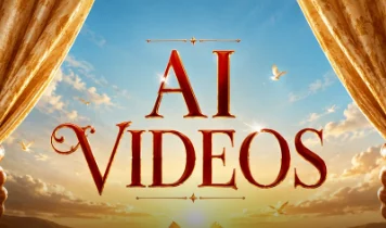 Cover: "AI Videos" in red serif letters on a stage with gold curtains