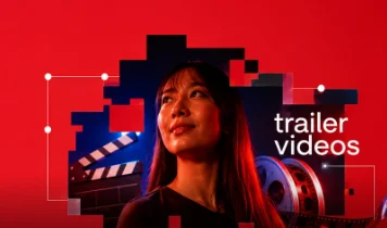 Cover: "trailer videos", a woman in red light with film reels